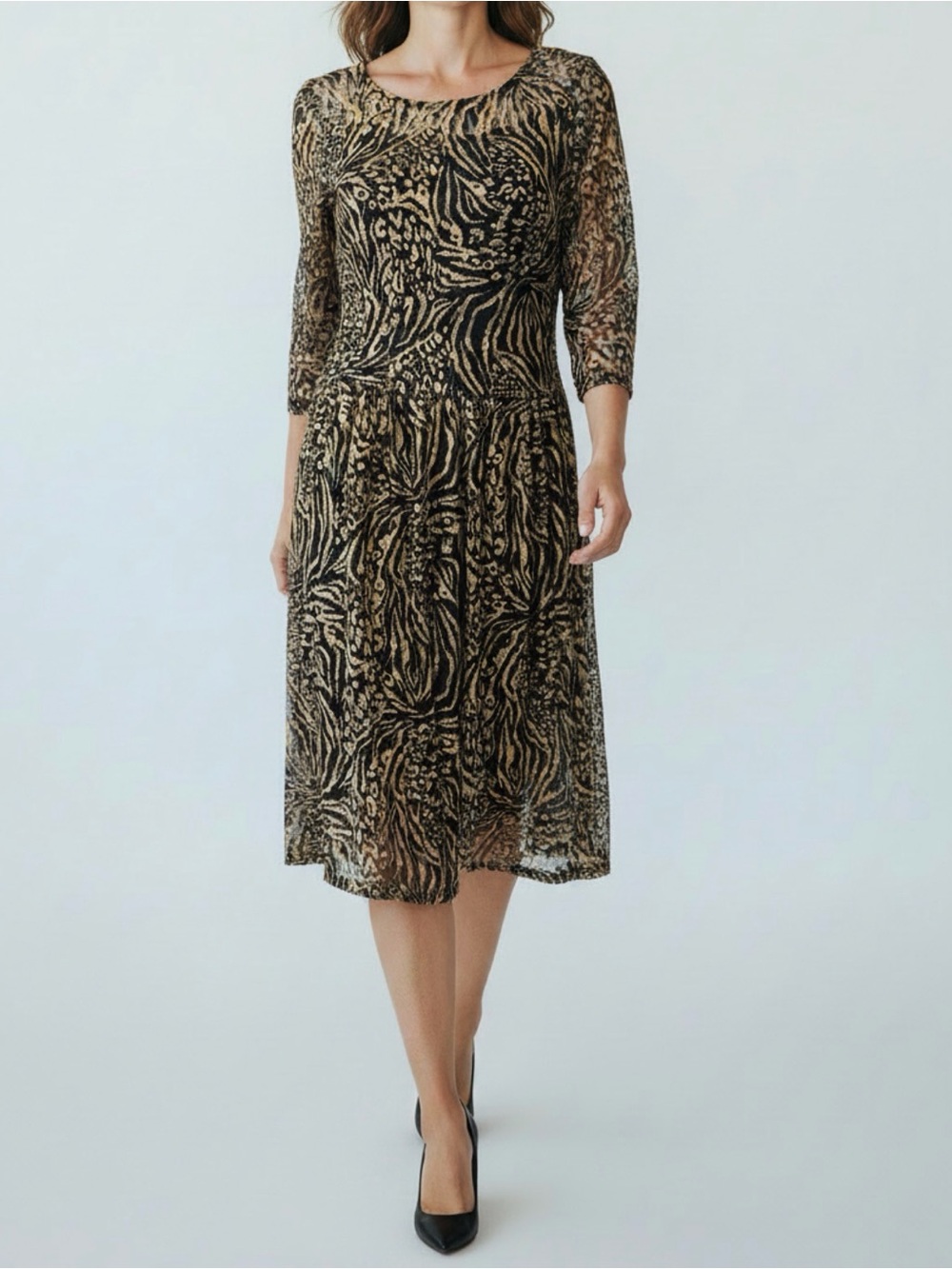 AB Studio Mixed Animal-Print Fit-And-Flare Midi Dress